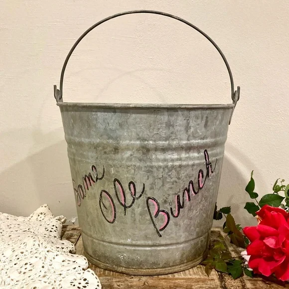 Old Galvanized Bucket with Distressed Finish Writing & Sticker 9” Tall - Picture 2 of 16